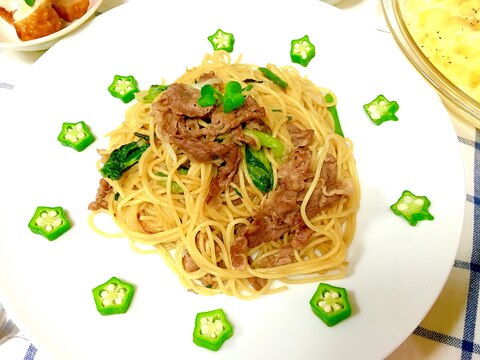 牛肉小松菜もやしのヘルシー和風パスタ⭐︎